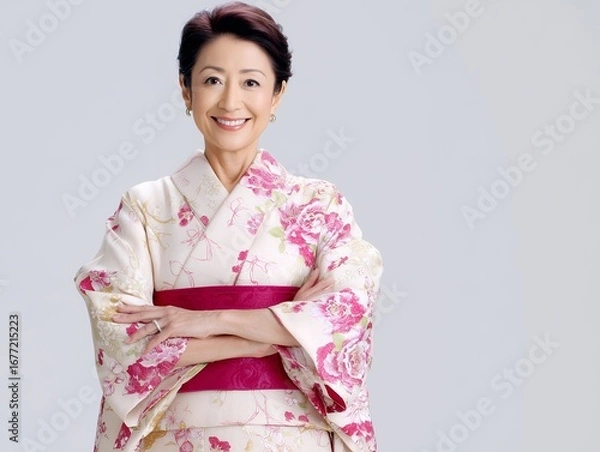 Fototapeta 着物を着た笑顔の年配女性