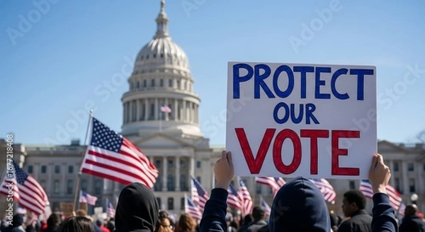 Fototapeta People gather in front of the U.S. Capitol building, holding American flags and a sign that reads 'PROTECT OUR VOTE', during a demonstration.