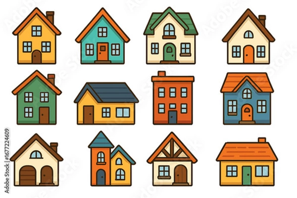 Fototapeta House collection icon set. Cute cartoon home vector illustration. Various architectural building designs. Simple flat style property graphic for real estate or town building.