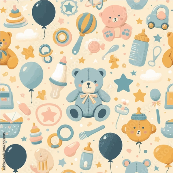 Fototapeta Seamless vector pattern of baby and kids elements
