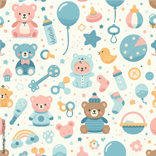 Fototapeta Seamless vector pattern of baby and kids elements