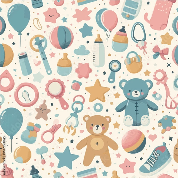 Fototapeta Seamless vector pattern of baby and kids elements