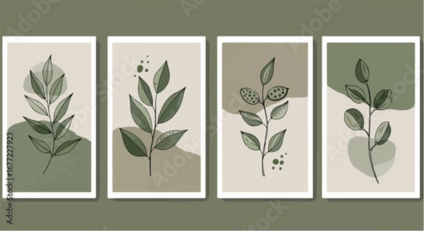 Obraz Minimal green leaves botanical art suitable for wall decor, eco branding, modern interior posters, and nature graphics