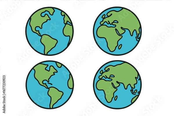 Fototapeta Minimalist Vector Cartoon Earth Globes with Land and Water Features, Four Artistic Representations of Earth, Transparent Background, Environmental and Geographic Design Elements for Global Concept