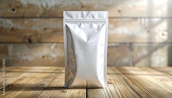 Obraz Blank metallic resealable stand-up pouch mock-up, ready for branding, displayed on a rustic wooden table with natural light reflections, ideal for food, supplements, or cosmetic packaging design
