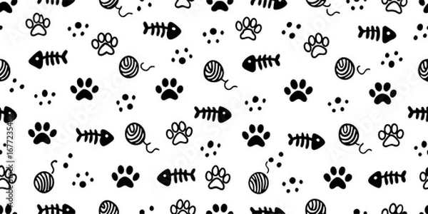 Obraz Cute Cat Paw Prints, Fishbones & Yarn Seamless Pattern