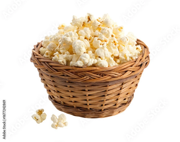 Obraz  A popcorn in a rustic woven basket isolated on a transparent background png