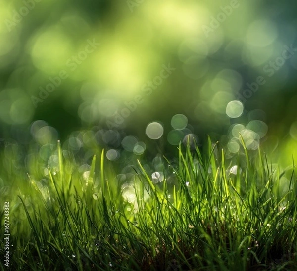 Fototapeta Close-up of dewy grass with bokeh background