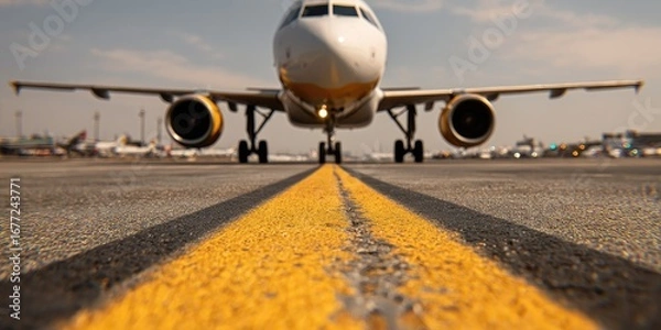 Fototapeta Airplane on a runway, focused on yellow taxiway lines