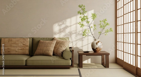 Obraz Japanese-style minimalist living room interior with green sofa and wooden elements.