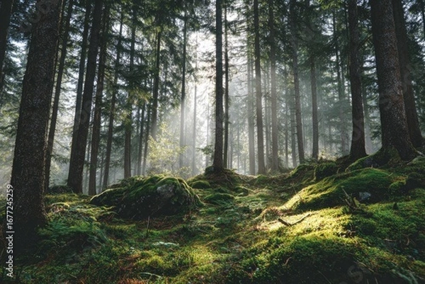Fototapeta Sunlight streams through misty forest, illuminating mossy ground