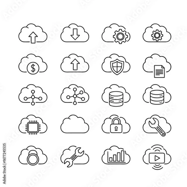 Fototapeta Cloud Computing Line Icons Set: Data Storage, Security, Networking, Analytics, Upload, Download, and Maintenance Services