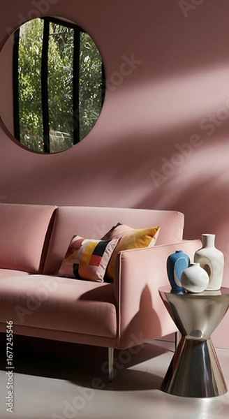 Obraz A plush pink sofa with decorative pillows sits beside a metallic side table holding vases, under a circular mirror reflecting greenery.