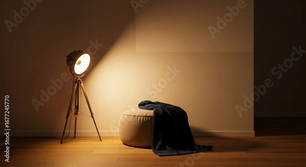 Obraz A minimalist interior scene featuring a tripod floor lamp illuminating a corner with a plush ottoman draped with a dark blanket.