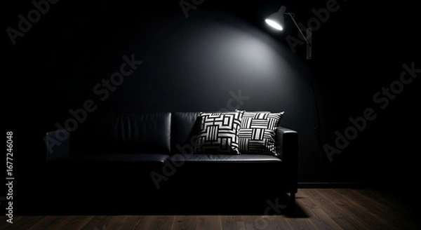 Obraz A modern black sofa with a patterned cushion under a spotlight in a dark room.