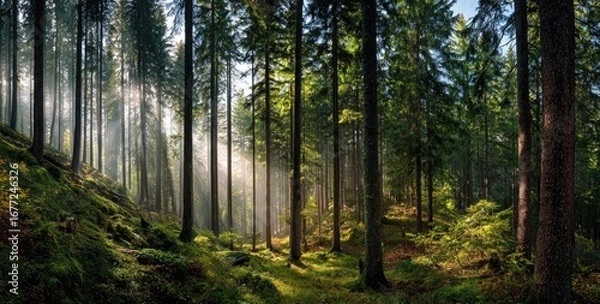 Fototapeta Sunlight streams through a dense forest (1)