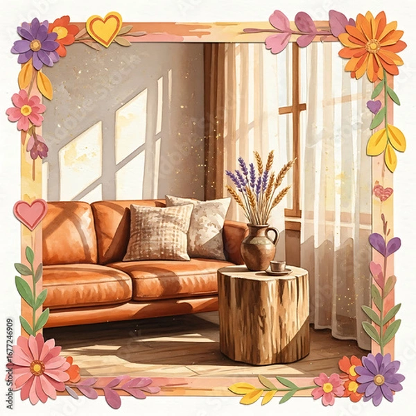 Obraz A cozy living room with a warm leather sofa and a rustic wooden table, bathed in sunlight, framed by a vibrant floral border.