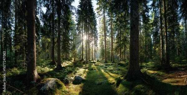 Fototapeta Sunlight filtering through dense forest canopy