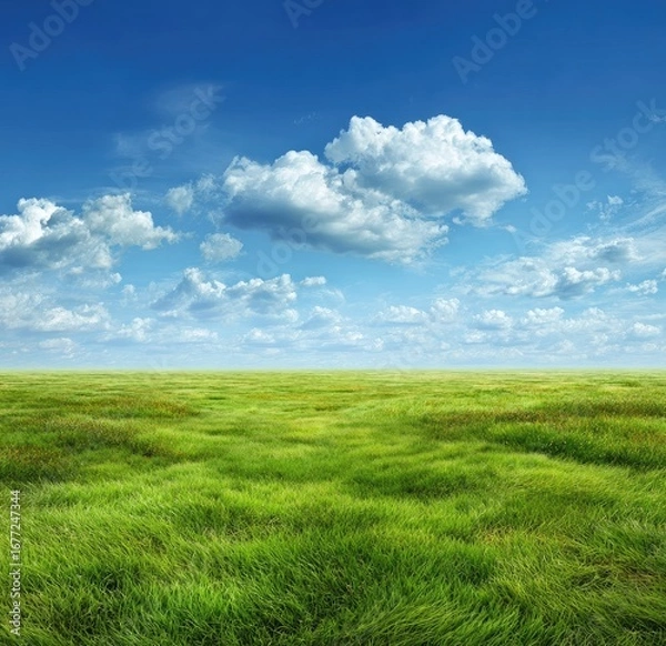 Fototapeta Wide expanse of vibrant green grass under a vast, partly cloudy blue sky