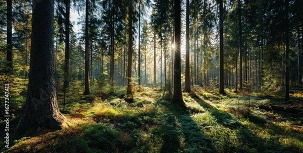 Fototapeta Sunlight filtering through a dense forest (1)
