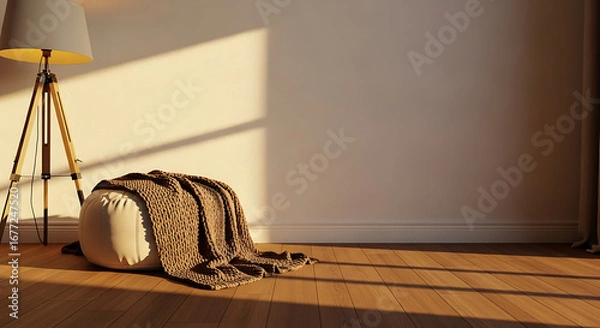 Obraz A cozy interior scene featuring a floor, a lamp, a blanket, and sunlight creating a warm atmosphere.