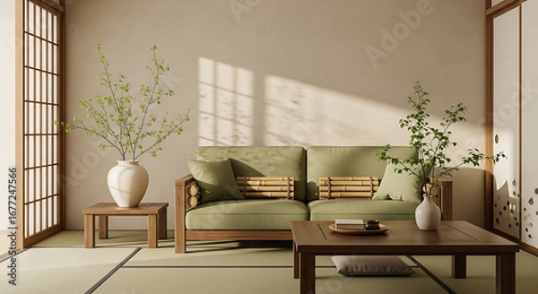 Obraz Zen interior with sofa, table, plants and sliding doors in a minimalist style.
