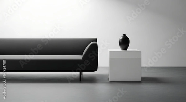 Obraz Modern minimalist living room with a black sofa and white side table.