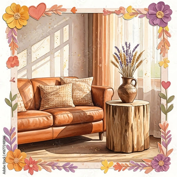 Obraz Sunlit living room with leather sofa, wooden table, and lavender bouquet.