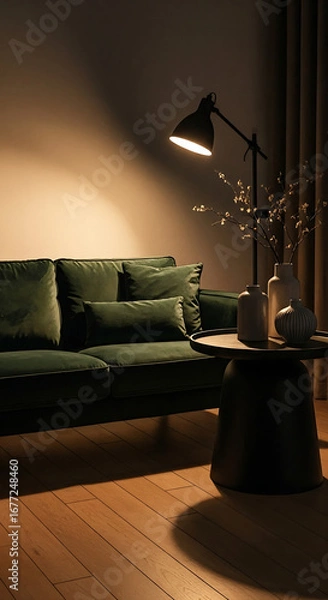 Obraz A cozy and modern living room interior featuring a dark green velvet sofa, a stylish black floor lamp casting warm light, and a minimalist side table with decorative vases.