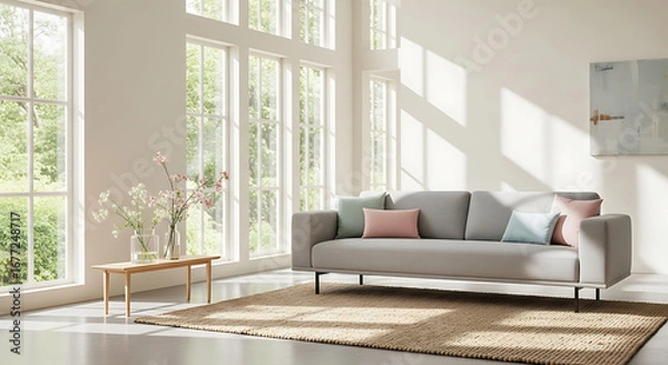Obraz Bright and airy living room interior with a modern gray sofa and large windows overlooking a lush green garden.