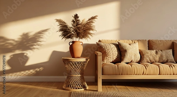 Obraz Cozy living room with warm sunlight and natural decor.