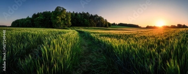 Fototapeta Panoramic view of a field of green wheat at sunset, with a path leading through it and a line of trees in the background