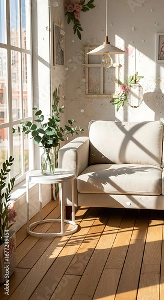 Fototapeta Sunlit living room with a beige sofa and plants.