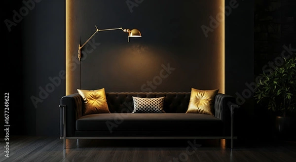 Obraz A luxurious black sofa with gold cushions sits in a dark, modern living room illuminated by a stylish wall lamp and accent lighting.
