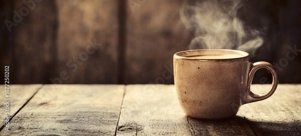 Fototapeta Steaming Hot Coffee Mug on Rustic Wooden Table in Moody Lighting