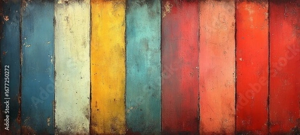 Fototapeta Weathered Wooden Planks in Vibrant Colors Creating Abstract Backdrop