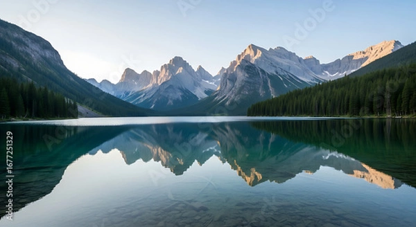 Obraz Stunning landscape featuring a serene lake reflecting majestic mountain peaks under a clear sky.