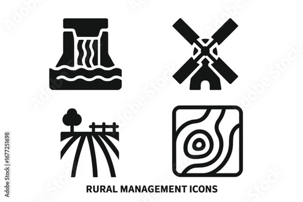 Fototapeta Rural management solid glyph icon set. Agriculture and farming symbols. Vector collection of windmill, irrigation dam, farm field boundary, and topographic map for land planning.
