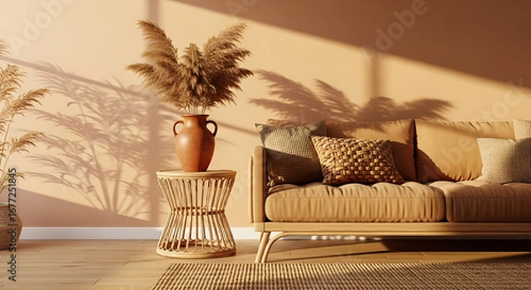 Obraz Cozy living room with warm tones and natural elements.