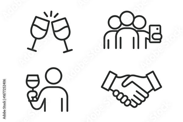 Fototapeta Social gathering icons set. Outline vector symbols of celebration, party moments. Clinking glasses, group selfie, friends toasting, business handshake. Deal and agreement concept.