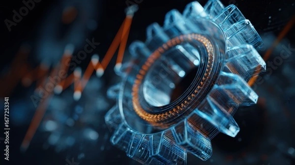 Fototapeta A futuristic, transparent gear is featured prominently, with abstract data visualizations in the background, representing technology and industry.