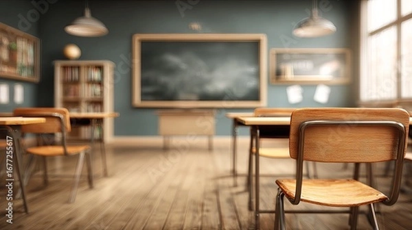 Fototapeta Empty classroom with wooden desks, chairs, and chalkboard ready for learning
