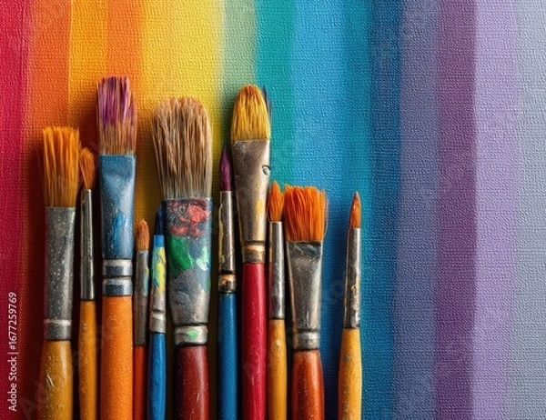 Fototapeta Paintbrushes of varying sizes and colors arranged on a vibrant rainbow-hued canvas