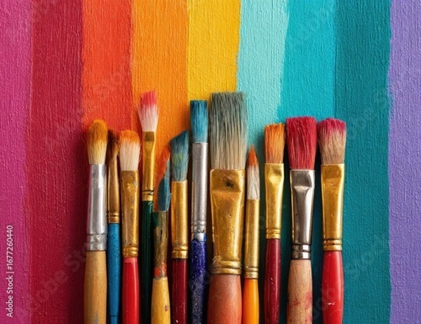 Fototapeta Paintbrushes of various sizes and colors arranged on a vibrant rainbow-striped canvas