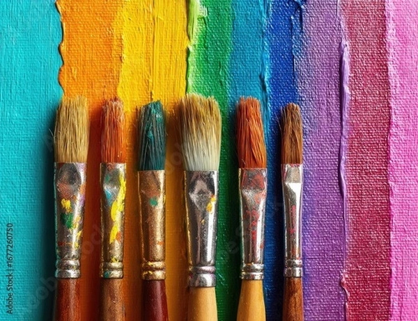 Fototapeta Paintbrushes resting on a vibrant rainbow canvas