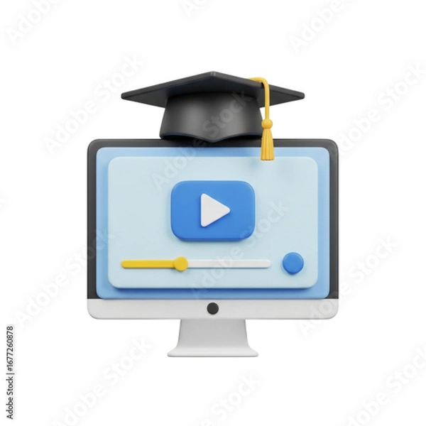 Fototapeta 3d icon of 3d computer monitor with graduation cap and play button, isolated on transparent background