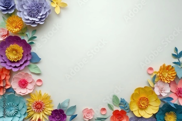 Fototapeta Colorful paper flowers arranged in a border around a white background