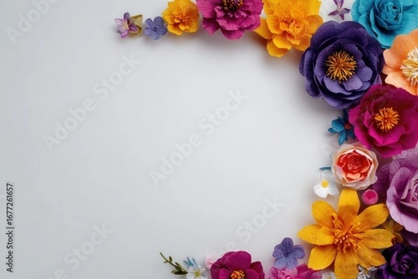 Fototapeta Colorful paper flowers arranged in a semi-circle border on a white background