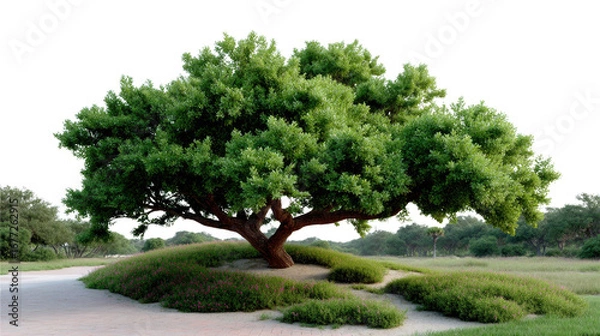 Fototapeta Majestic Oak Tree: A sturdy oak tree stands proudly in a picturesque landscape. The image captures its sprawling branches and lush green foliage, portraying the beauty and strength of nature.