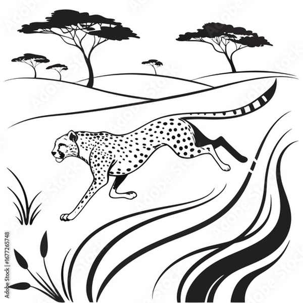 Fototapeta Cheetah running through the African savanna with acacia trees and grass Keywords: cheetah, running